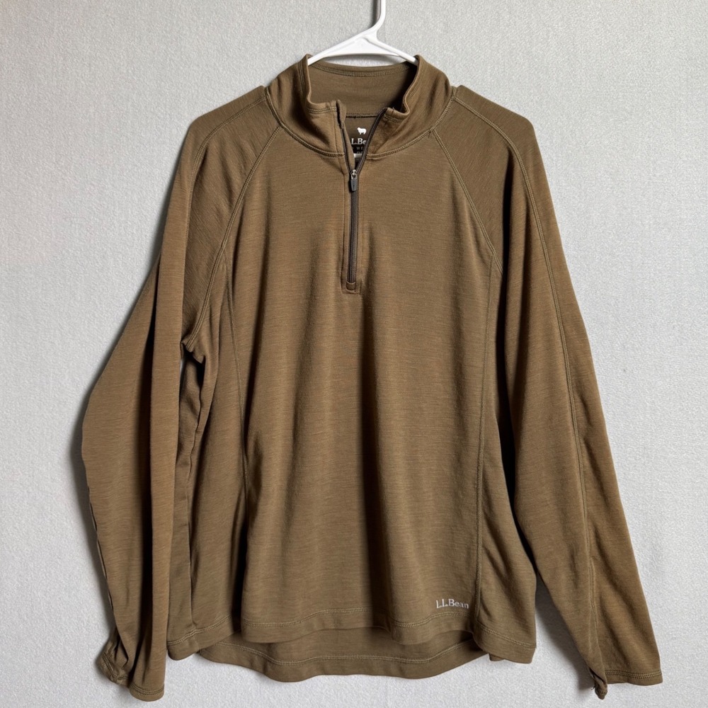LL Bean Quarter Zip Pullover Mens Large Brown Merino Wool Mid Weight Base Layer